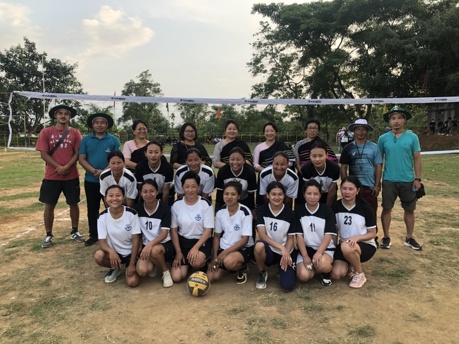 Angami Catholic Women Association members with women's volleyball finalists of Vikepelhu Lucas Memorial Trophy Volleyball tournament held at St Francis de Sales Hr Sec School, Medziphema.
